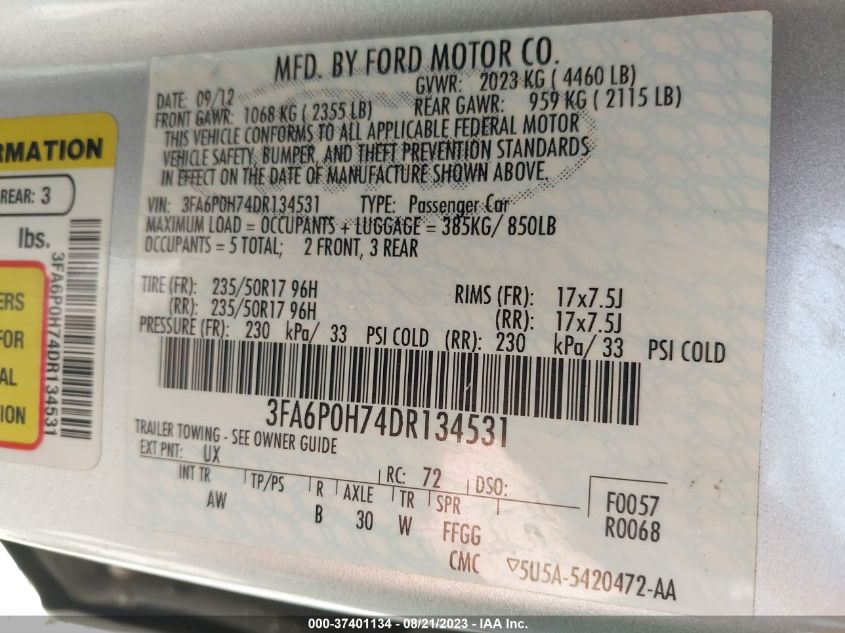 2013 FORD FUSION SE - 3FA6P0H74DR134531
