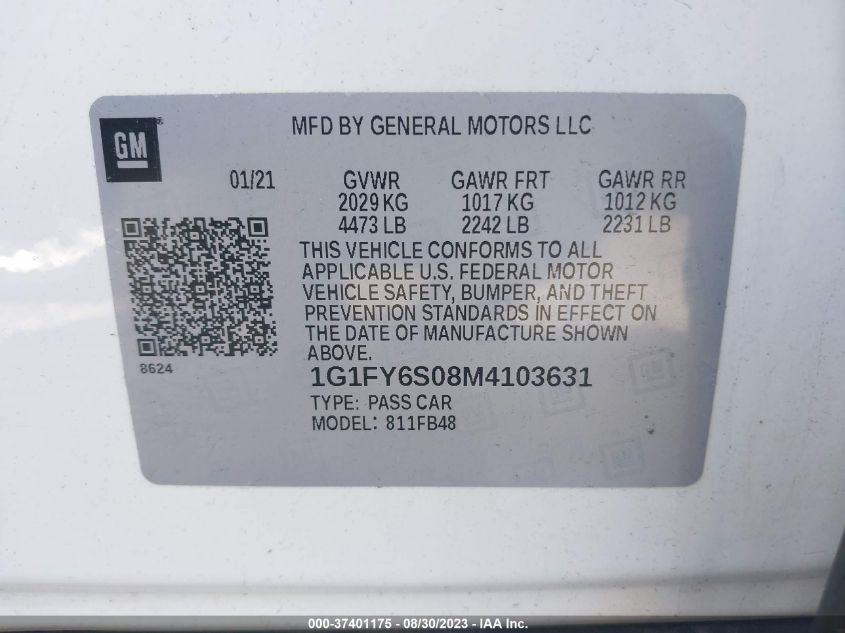 2021 CHEVROLET BOLT EV LT - 1G1FY6S08M4103631