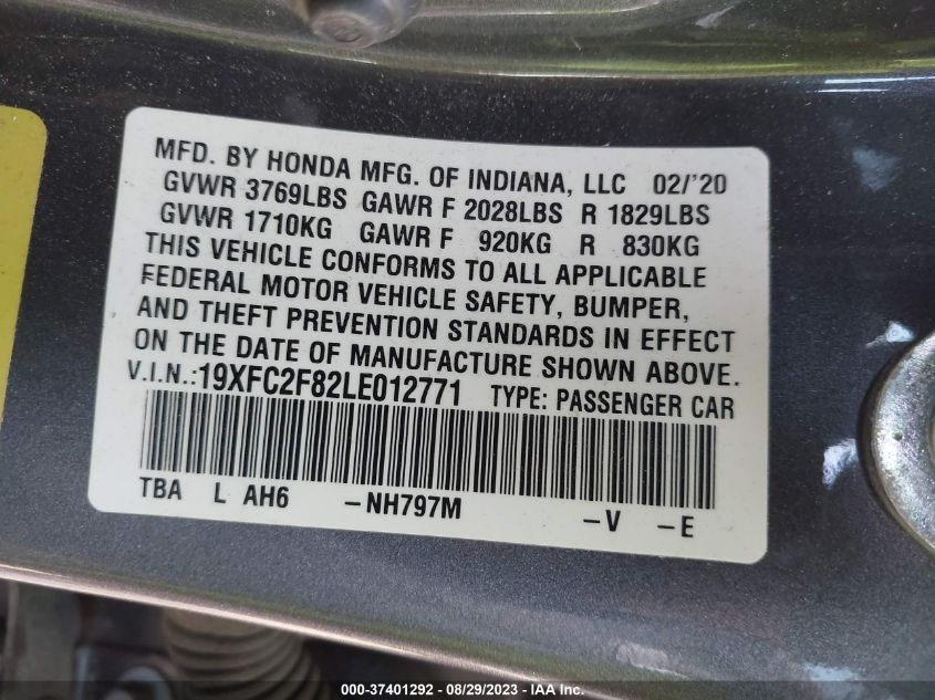 2020 HONDA CIVIC SEDAN SPORT - 19XFC2F82LE012771