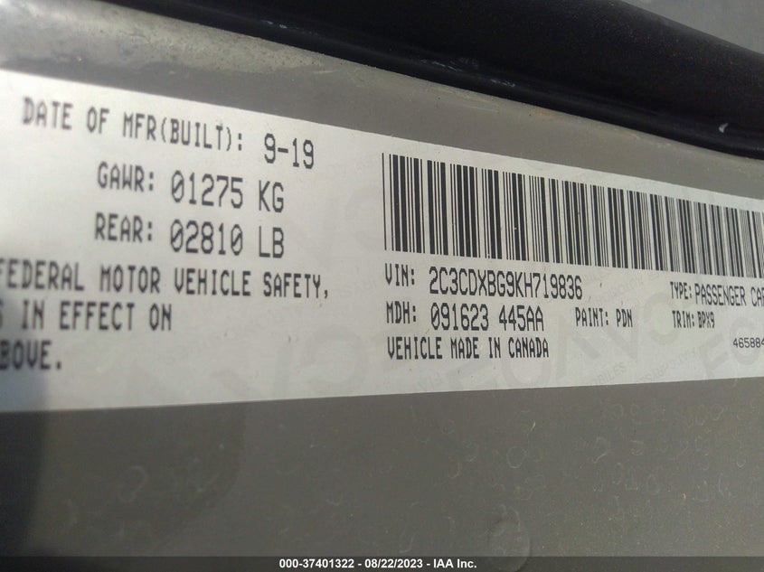 VIN 2C3CDXBG9KH719836 2019 DODGE CHARGER SXT