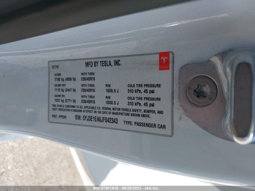 2018 TESLA MODEL 3 RANGE BATTERY - 5YJ3E1EA6JF042343