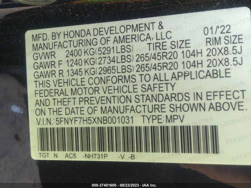 2022 HONDA PASSPORT EX-L - 5FNYF7H5XNB001031