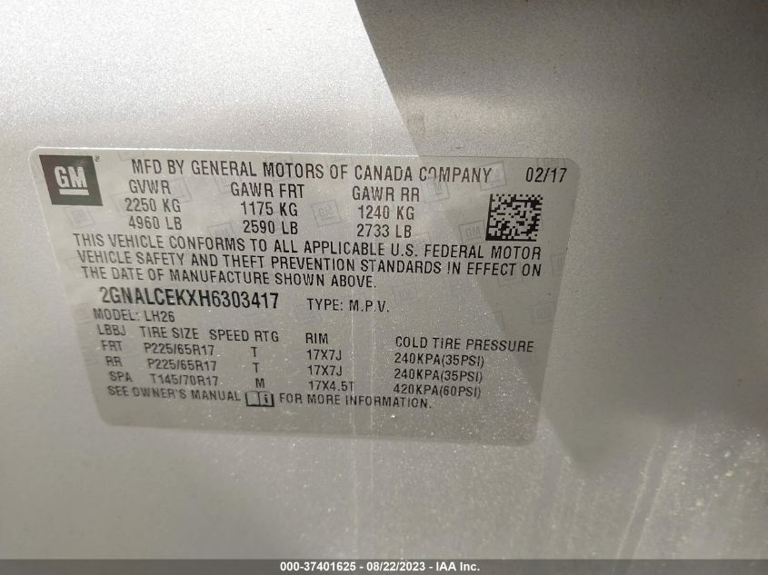 2017 CHEVROLET EQUINOX LT - 2GNALCEKXH6303417
