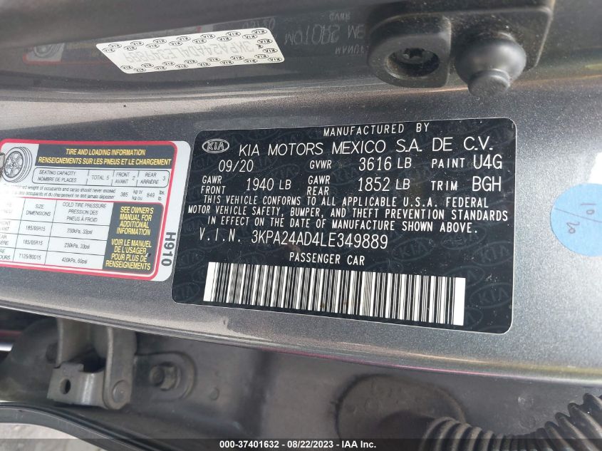 VIN 3KPA24AD4LE349889 2020 KIA RIO S