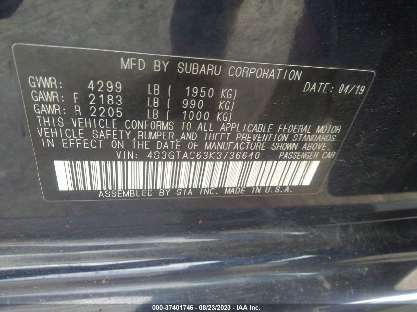2019 SUBARU IMPREZA PREMIUM - 4S3GTAC63K3736640