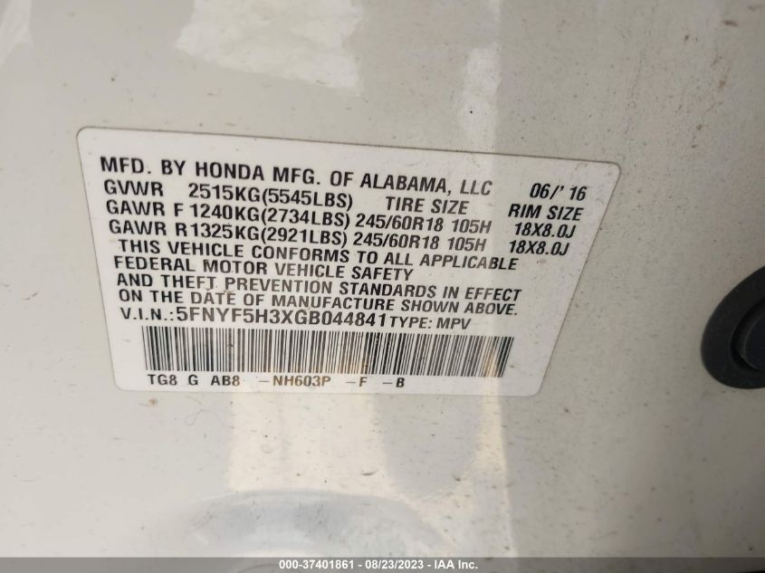 2016 HONDA PILOT EX - 5FNYF5H3XGB044841
