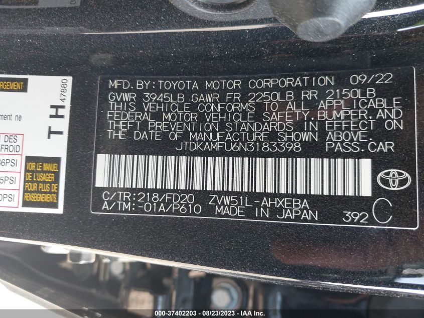 2022 TOYOTA PRIUS L - JTDKAMFU6N3183398