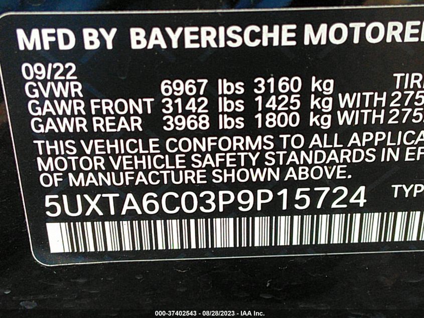 2023 BMW X5 PHEV XDRIVE45E 5UXTA6C03P9P15724