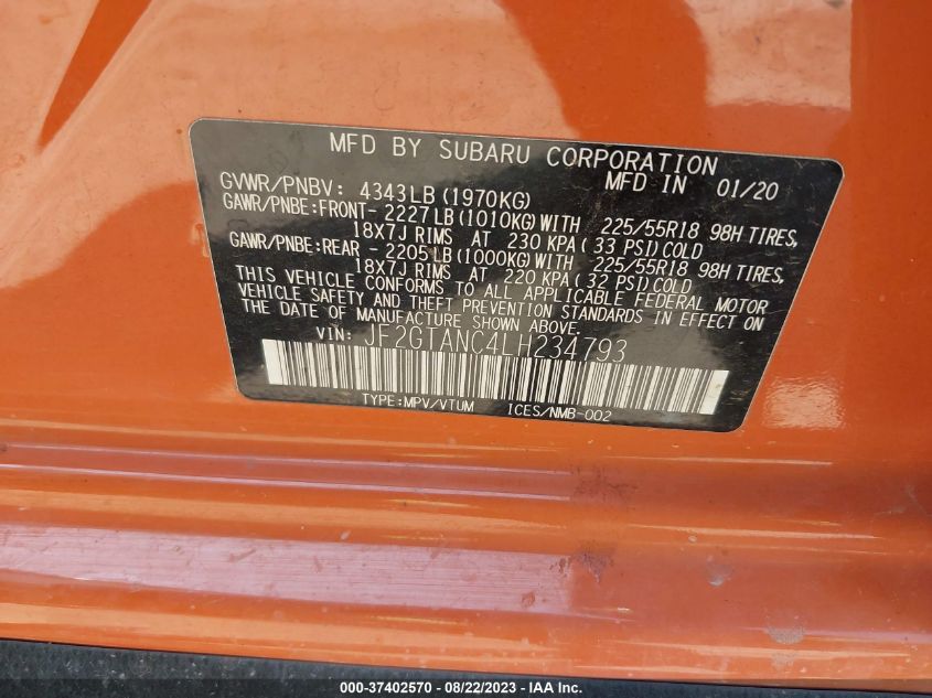 2020 SUBARU CROSSTREK LIMITED - JF2GTANC4LH234793