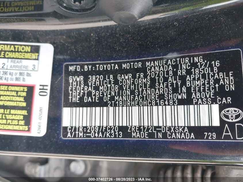 2017 TOYOTA COROLLA L/LE/XLE/SE - 2T1BURHE0HC816483