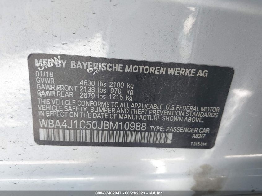 2018 BMW 4 SERIES 430I - WBA4J1C50JBM10988