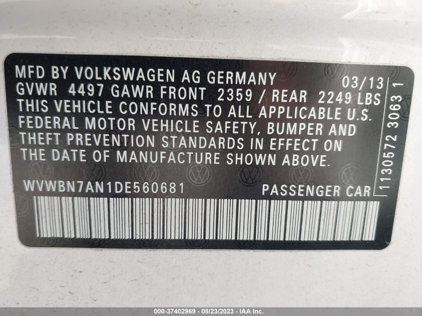 2013 VOLKSWAGEN CC R-LINE - WVWBN7AN1DE560681
