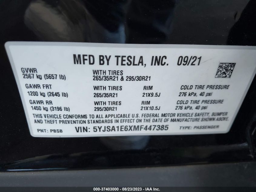 2021 TESLA MODEL S PLAID - 5YJSA1E6XMF447385