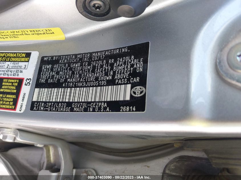 2018 TOYOTA CAMRY V6 - 4T1BZ1HK9JU005195