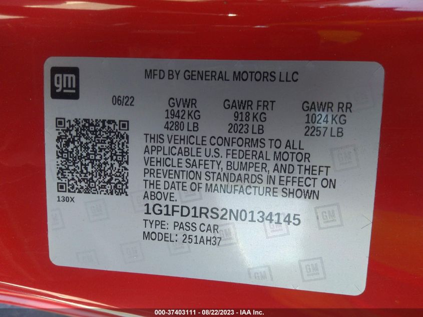 2022 CHEVROLET CAMARO 2LT - 1G1FD1RS2N0134145