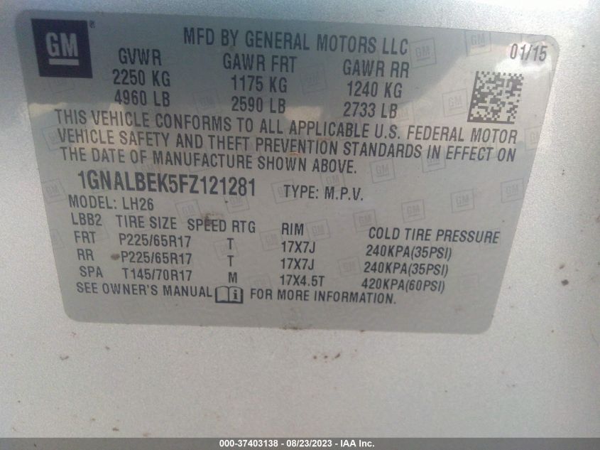 2015 CHEVROLET EQUINOX LT - 1GNALBEK5FZ121281