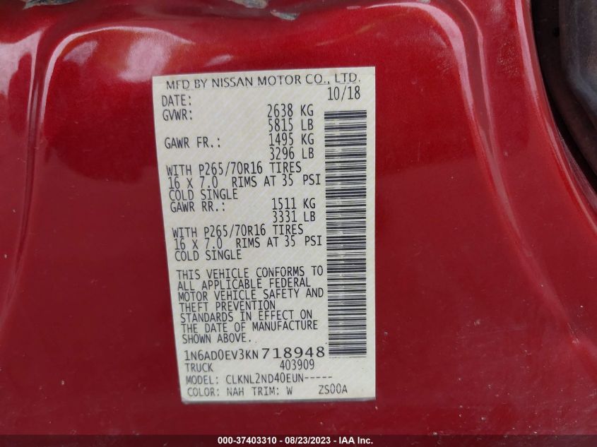 2019 NISSAN FRONTIER SV - 1N6AD0EV3KN718948