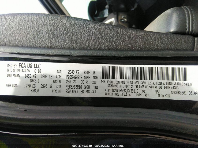 2018 DODGE DURANGO SXT - 1C4RDHAG6JC439113