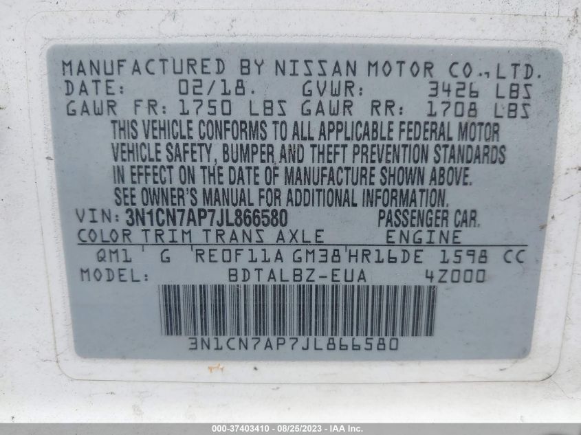 2018 NISSAN VERSA SEDAN SV - 3N1CN7AP7JL866580