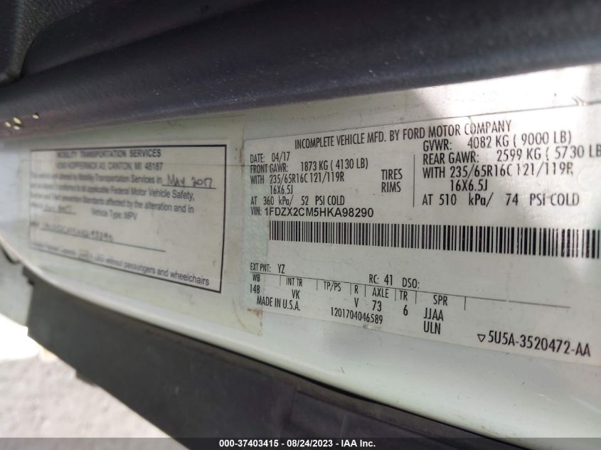 2017 FORD TRANSIT-350 XL - 1FDZX2CM5HKA98290