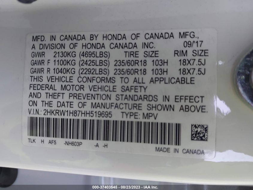 2017 HONDA CR-V EX-L - 2HKRW1H87HH519695