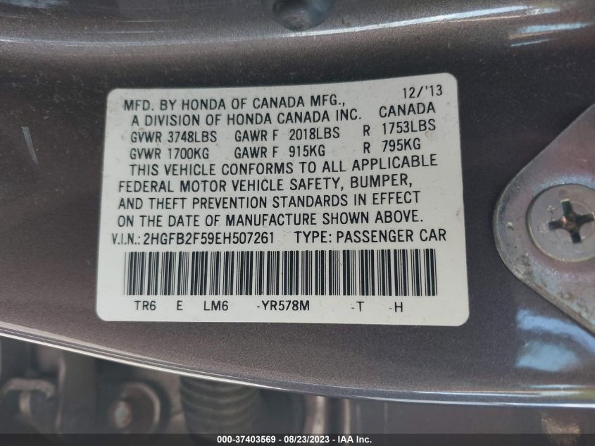 2014 HONDA CIVIC SEDAN LX - 2HGFB2F59EH507261