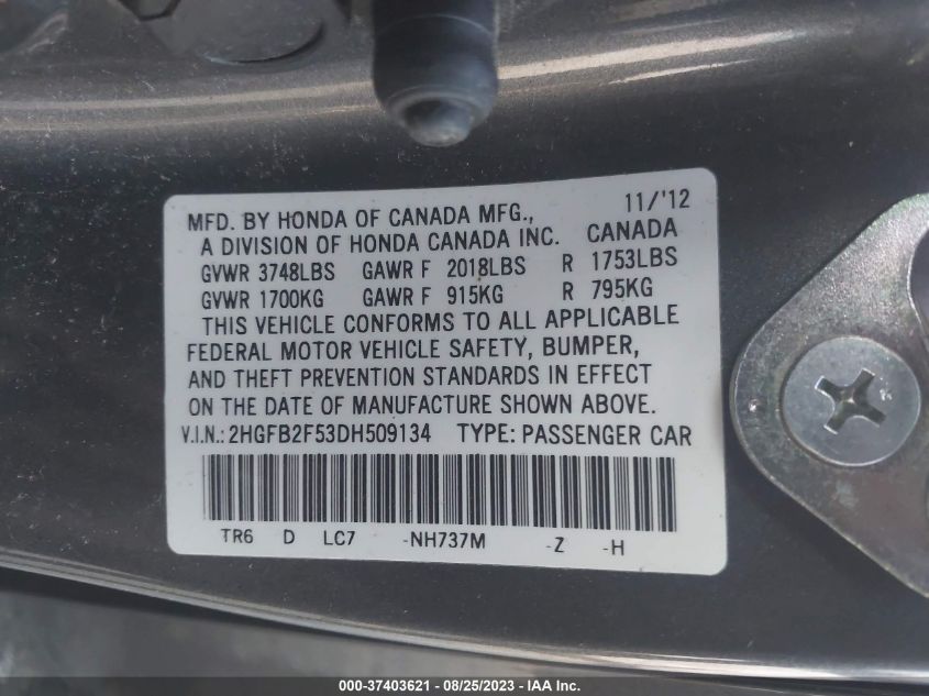 2013 HONDA CIVIC SDN LX - 2HGFB2F53DH509134