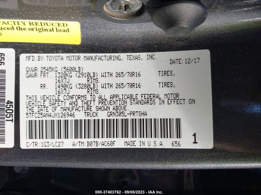 2018 TOYOTA TACOMA SR/SR5/TRD SPORT - 5TFCZ5AN4JX126946