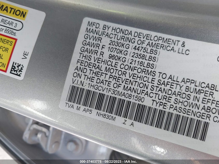VIN 1HGCV1F30MA081590 2021 HONDA ACCORD SEDAN SPORT