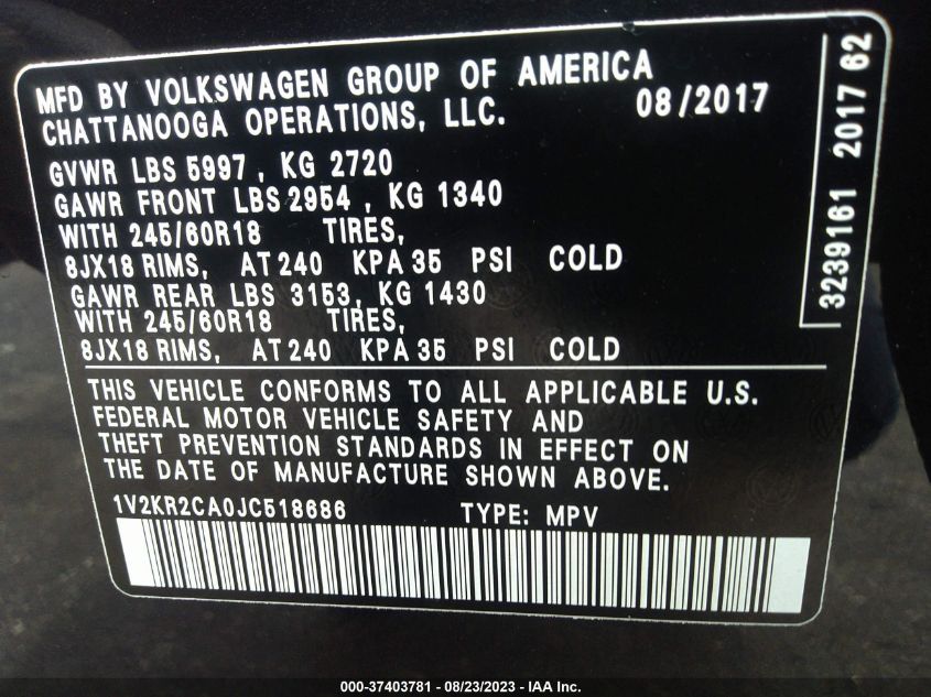 2018 VOLKSWAGEN ATLAS 3.6L V6 SE - 1V2KR2CA0JC518686