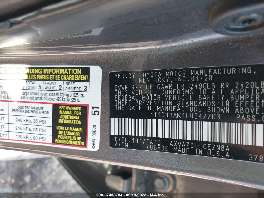 2020 TOYOTA CAMRY LE - 4T1C11AK1LU347703
