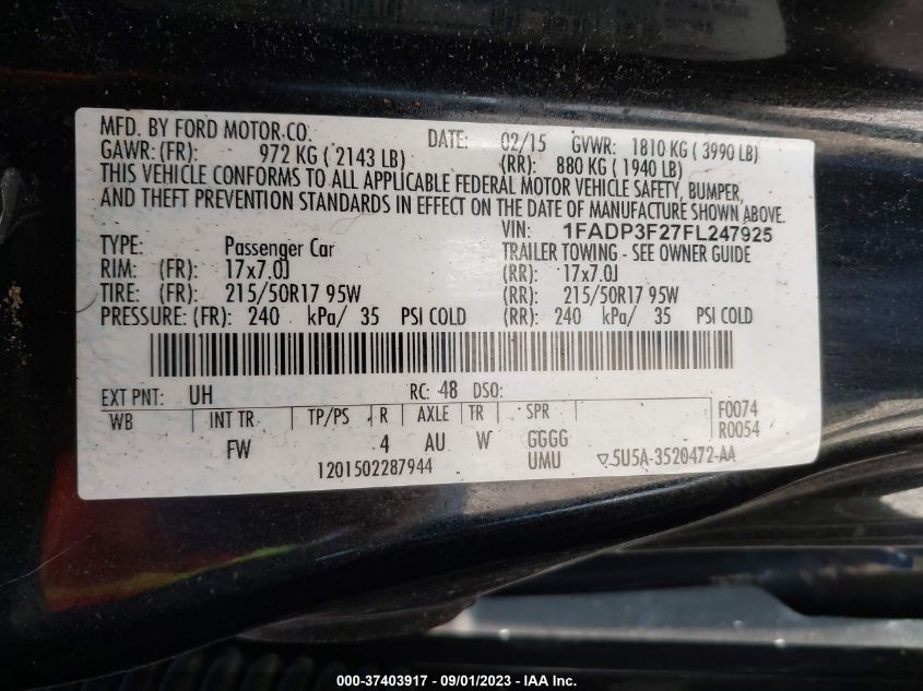 2015 FORD FOCUS SE - 1FADP3F27FL247925