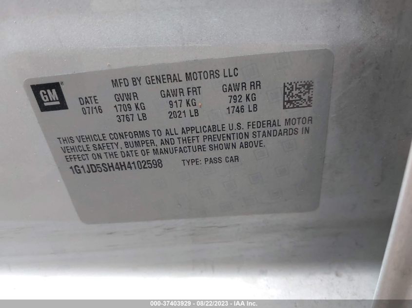 2017 CHEVROLET SONIC LT - 1G1JD5SH4H4102598