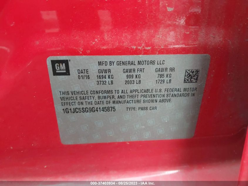 2016 CHEVROLET SONIC LT - 1G1JC5SG9G4145875