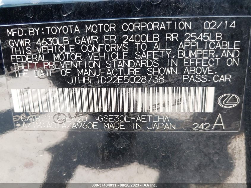2014 LEXUS IS 250 - JTHBF1D22E5028738