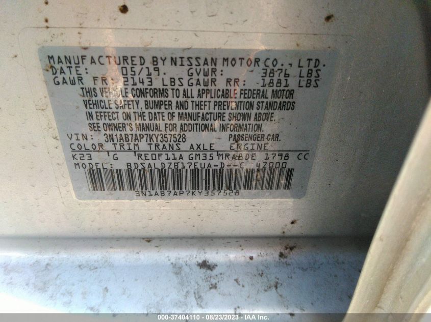 2019 NISSAN SENTRA SV - 3N1AB7AP7KY357528