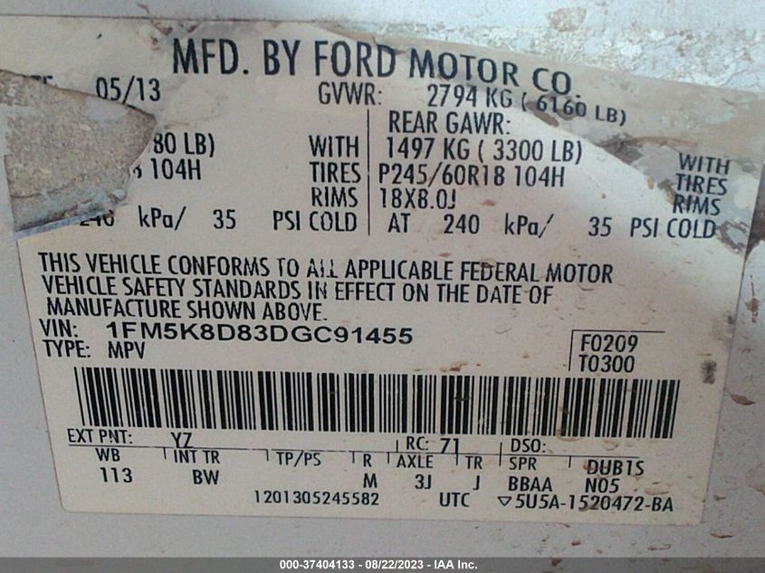 2013 FORD EXPLORER XLT - 1FM5K8D83DGC91455