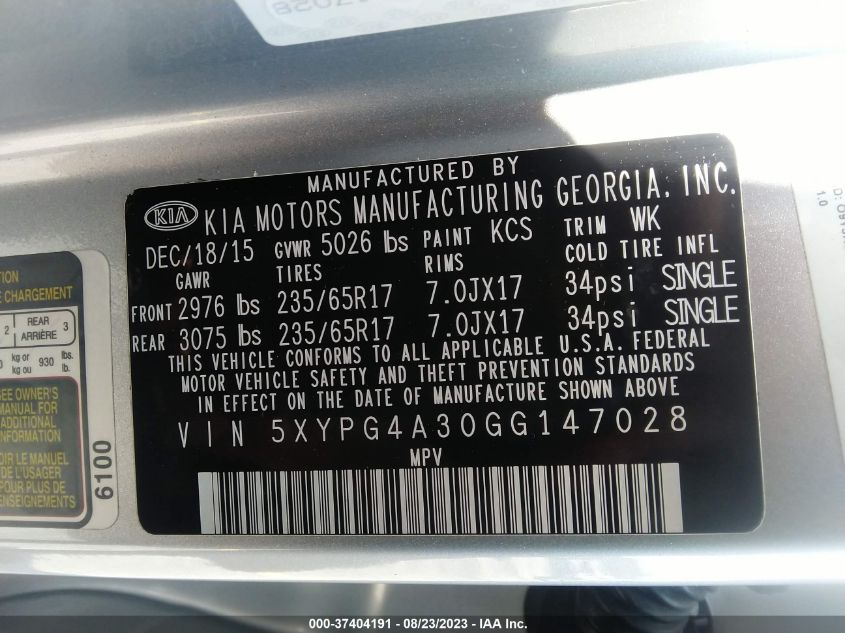 2016 KIA SORENTO L - 5XYPG4A30GG147028