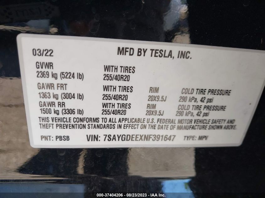 2022 TESLA MODEL Y LONG RANGE - 7SAYGDEEXNF391647