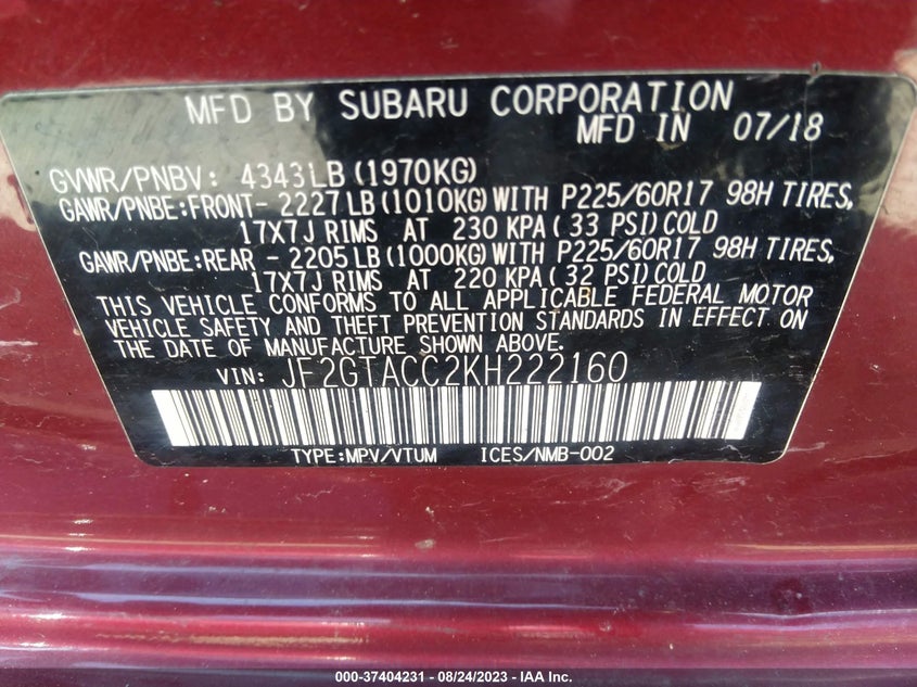 VIN JF2GTACC2KH222160 2019 SUBARU CROSSTREK PREMIUM