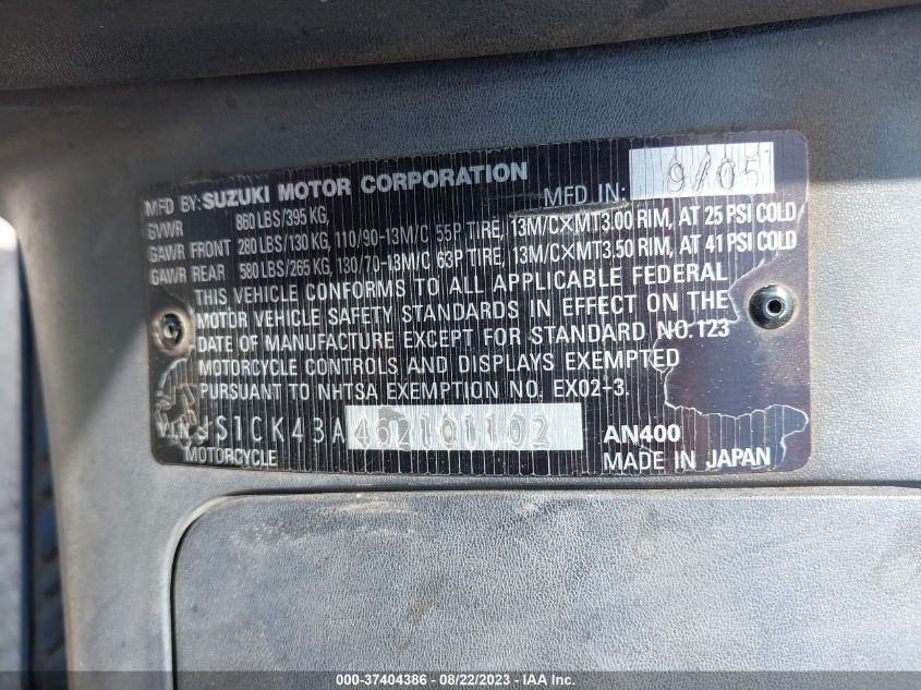 2006 SUZUKI AN400 K3 JS1CK43A462101102