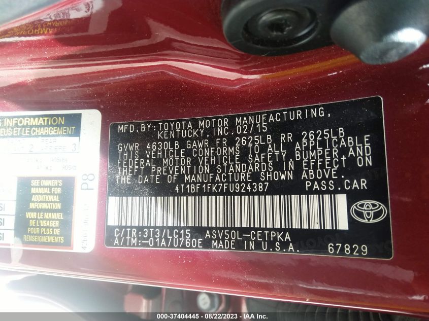 2015 TOYOTA CAMRY XLE/SE/LE/XSE - 4T1BF1FK7FU924387