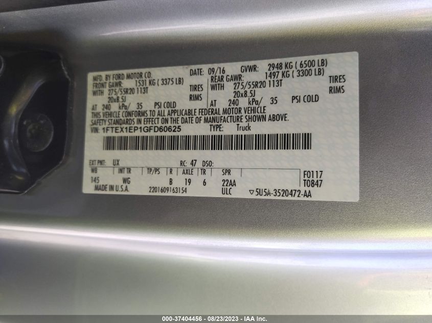 2016 FORD F-150 XLT/XL/LARIAT - 1FTEX1EP1GFD60625
