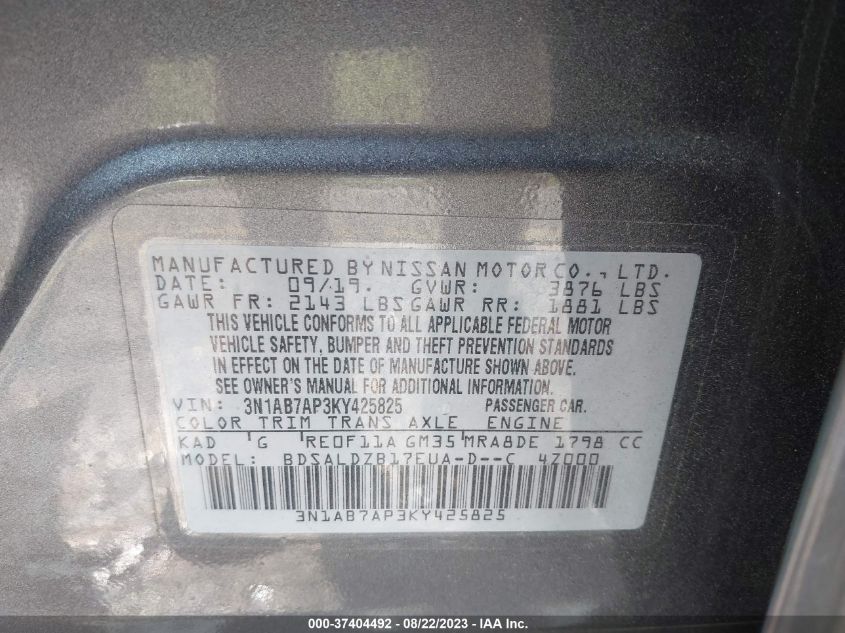 2019 NISSAN SENTRA SV - 3N1AB7AP3KY425825
