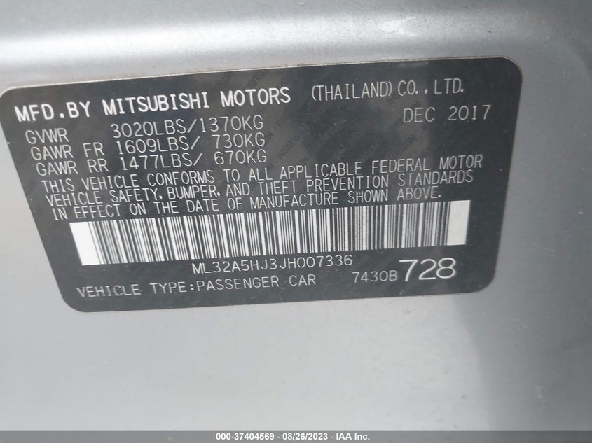 VIN ML32A5HJ3JH007336 2018 MITSUBISHI MIRAGE GT