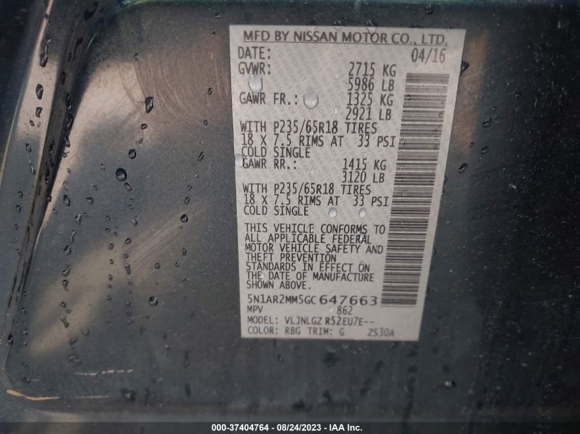 2016 NISSAN PATHFINDER PLATINUM/SV/SL/S - 5N1AR2MM5GC647663