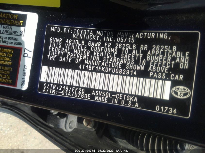 2015 TOYOTA CAMRY XLE/SE/LE/XSE - 4T1BF1FK0FU082914