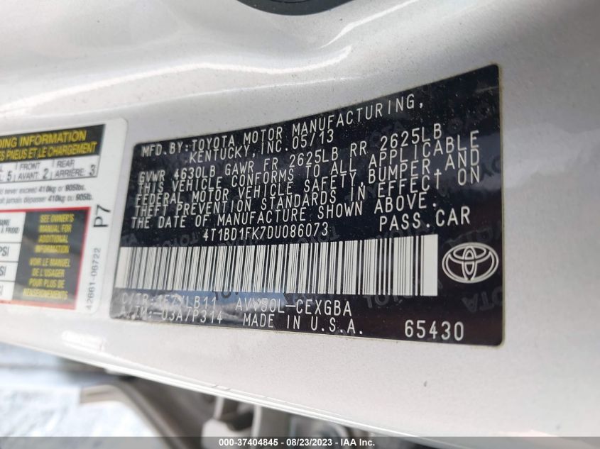 2013 TOYOTA CAMRY HYBRID LE/XLE - 4T1BD1FK7DU086073