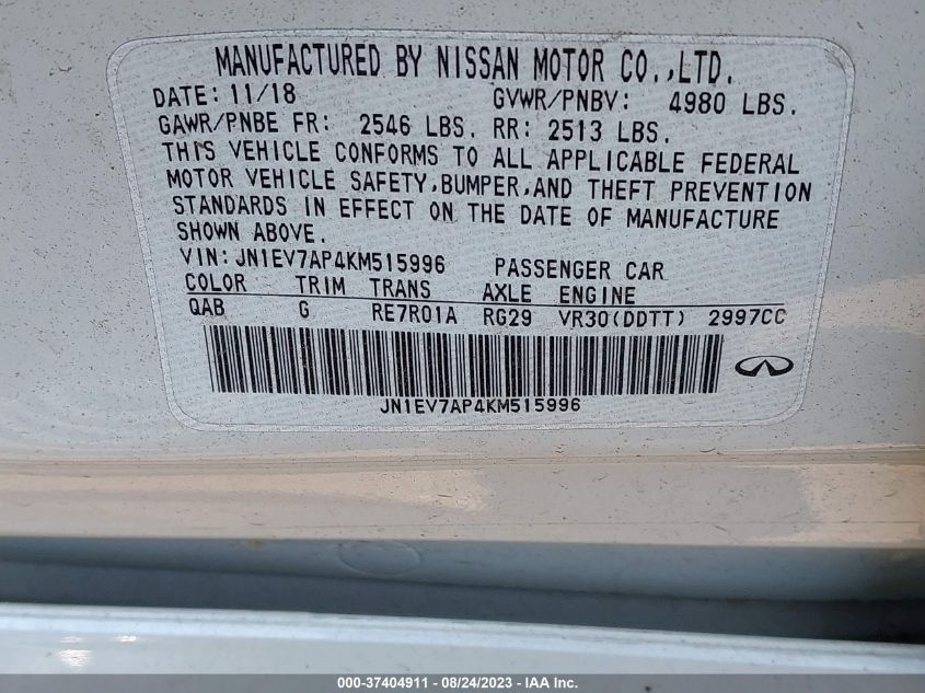 2019 INFINITI Q50 3.0T LUXE - JN1EV7AP4KM515996