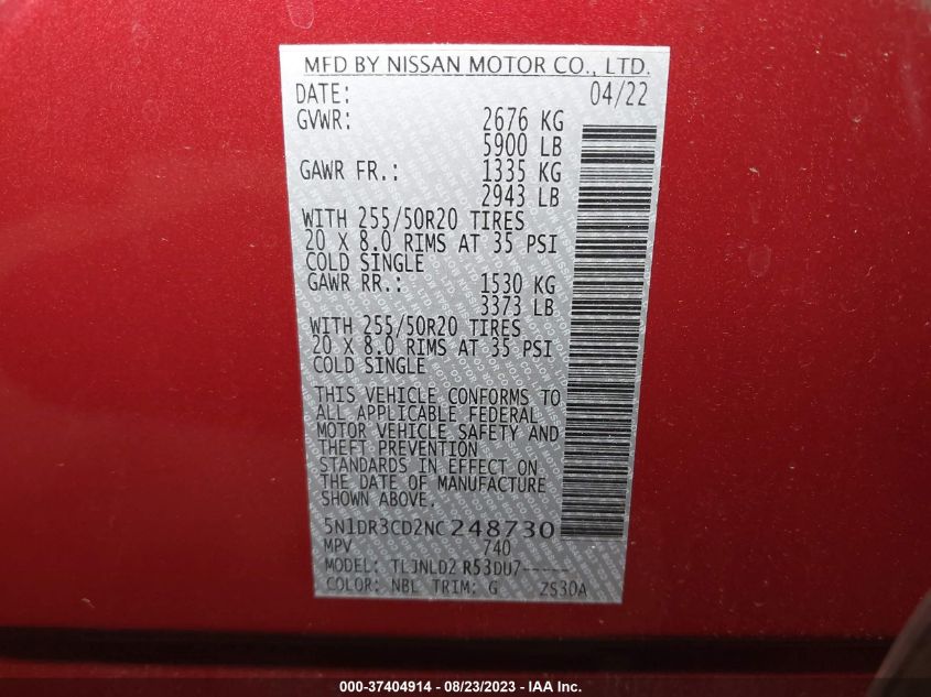2022 NISSAN PATHFINDER SL - 5N1DR3CD2NC248730